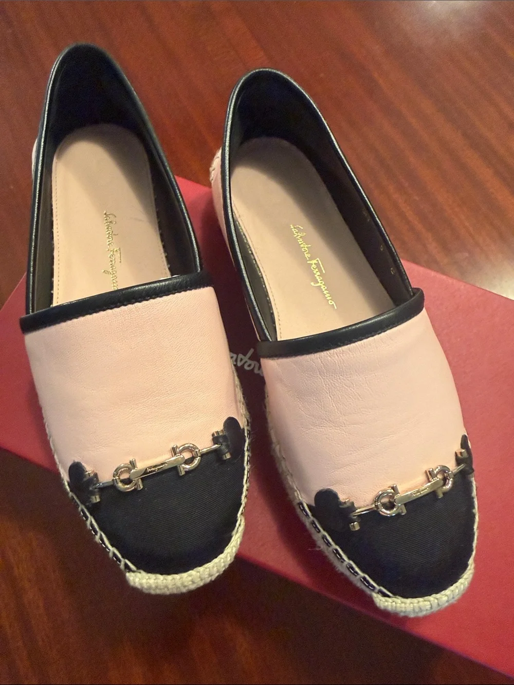 Salvatore Ferragamo Pink and black Leather Espadrilles with Gancini Trim